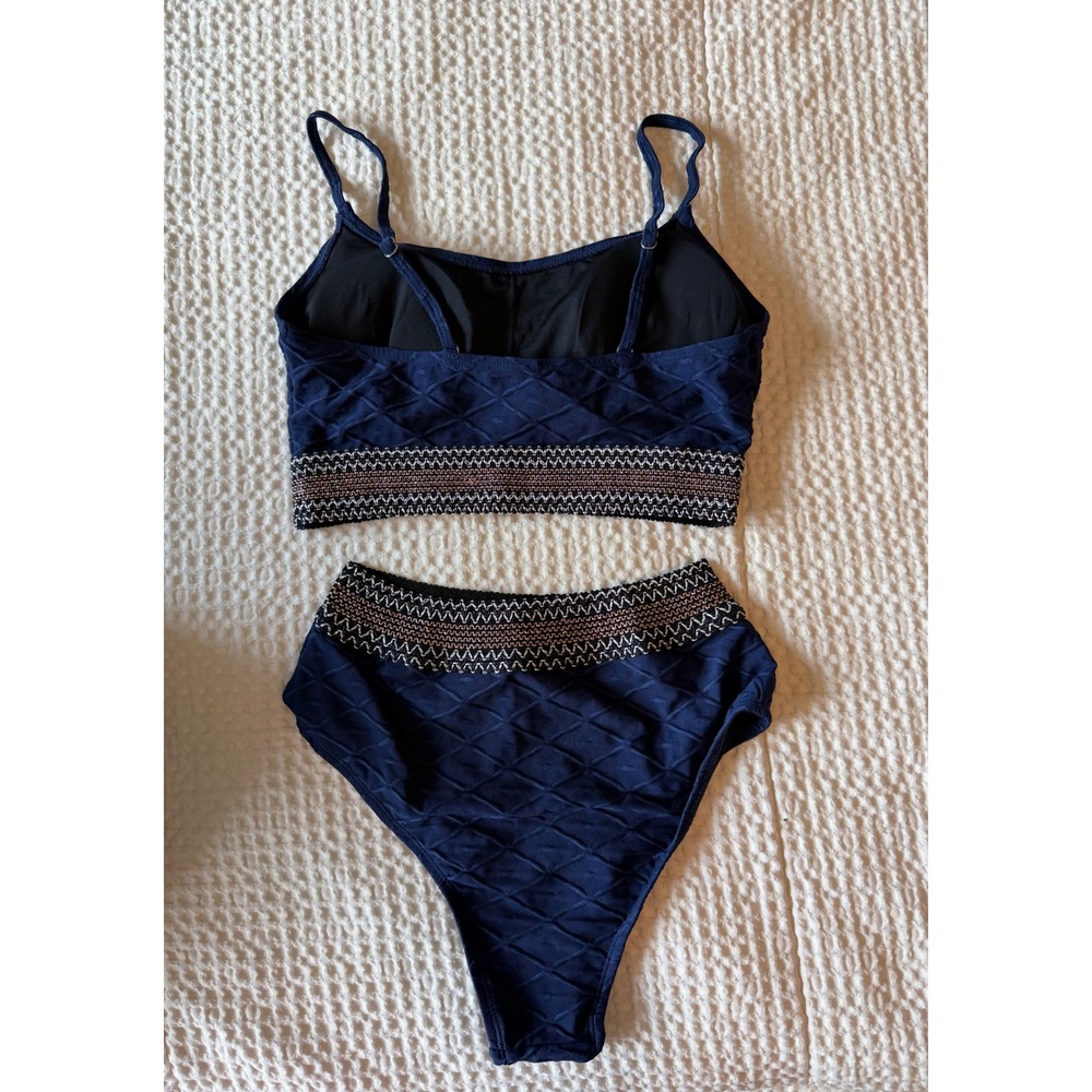 Cupshe Navy Blue Diamond Textured High Waisted Bikini Set Metallic Trim Small